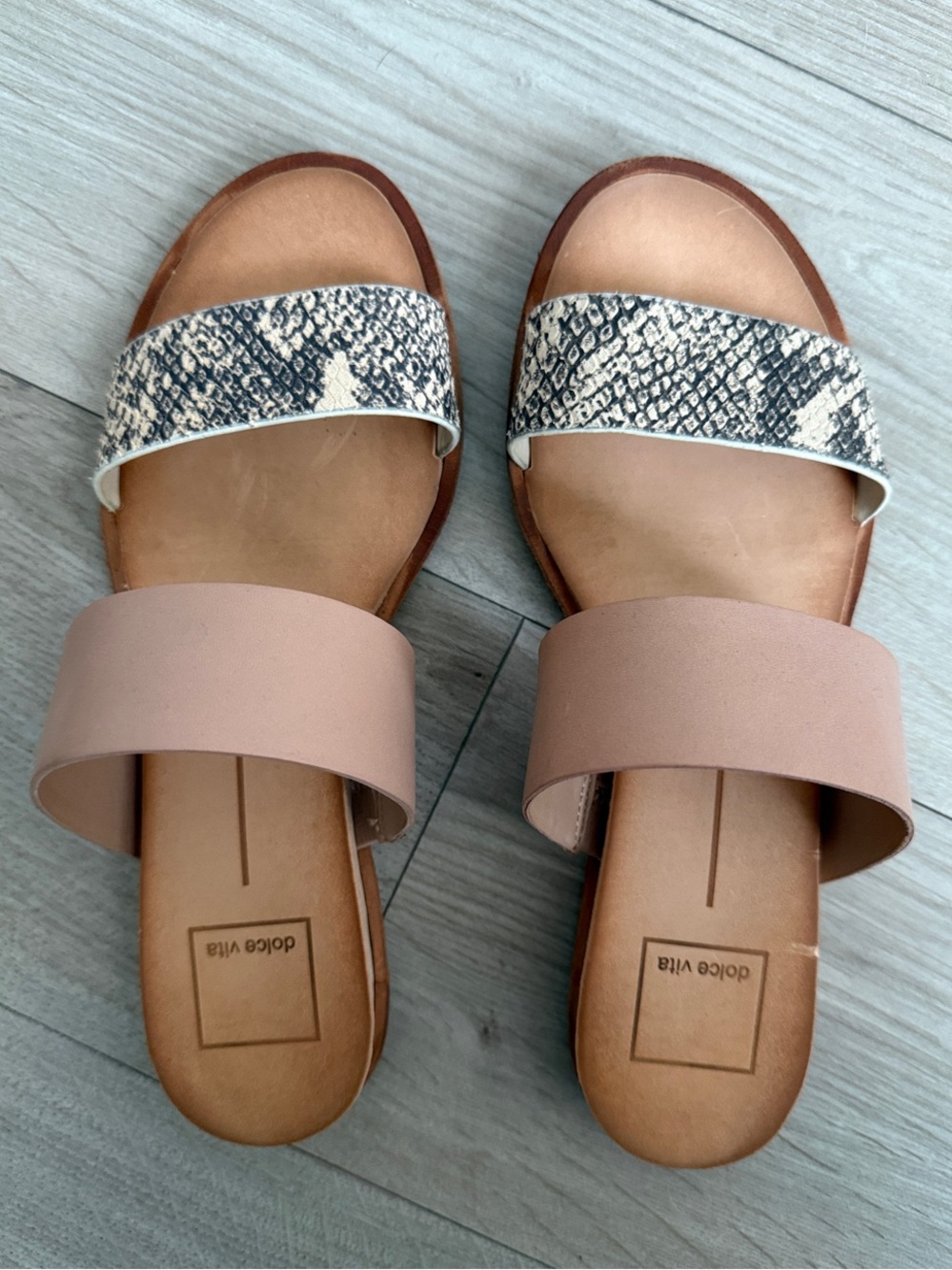 Dolce Vita Blush and Snake-Print Double Strap Slide Sandals - Size 6.5